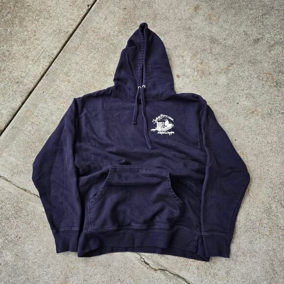 Vtg SYLVIA BEACH HOTEL Newport Oregon Destination Hooded Sweatshirt Blue Lg Fit - Picture 1 of 5